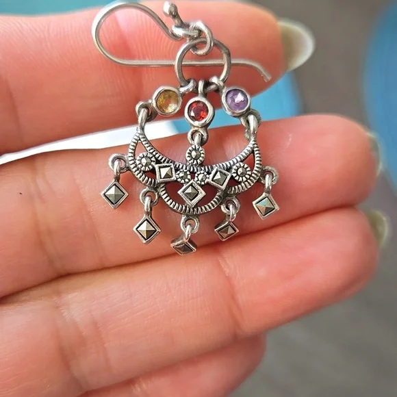Elegant Sterling Silver Marcasite Chandelier Earrings with Mulitcolor Stones - Picture 3 of 5